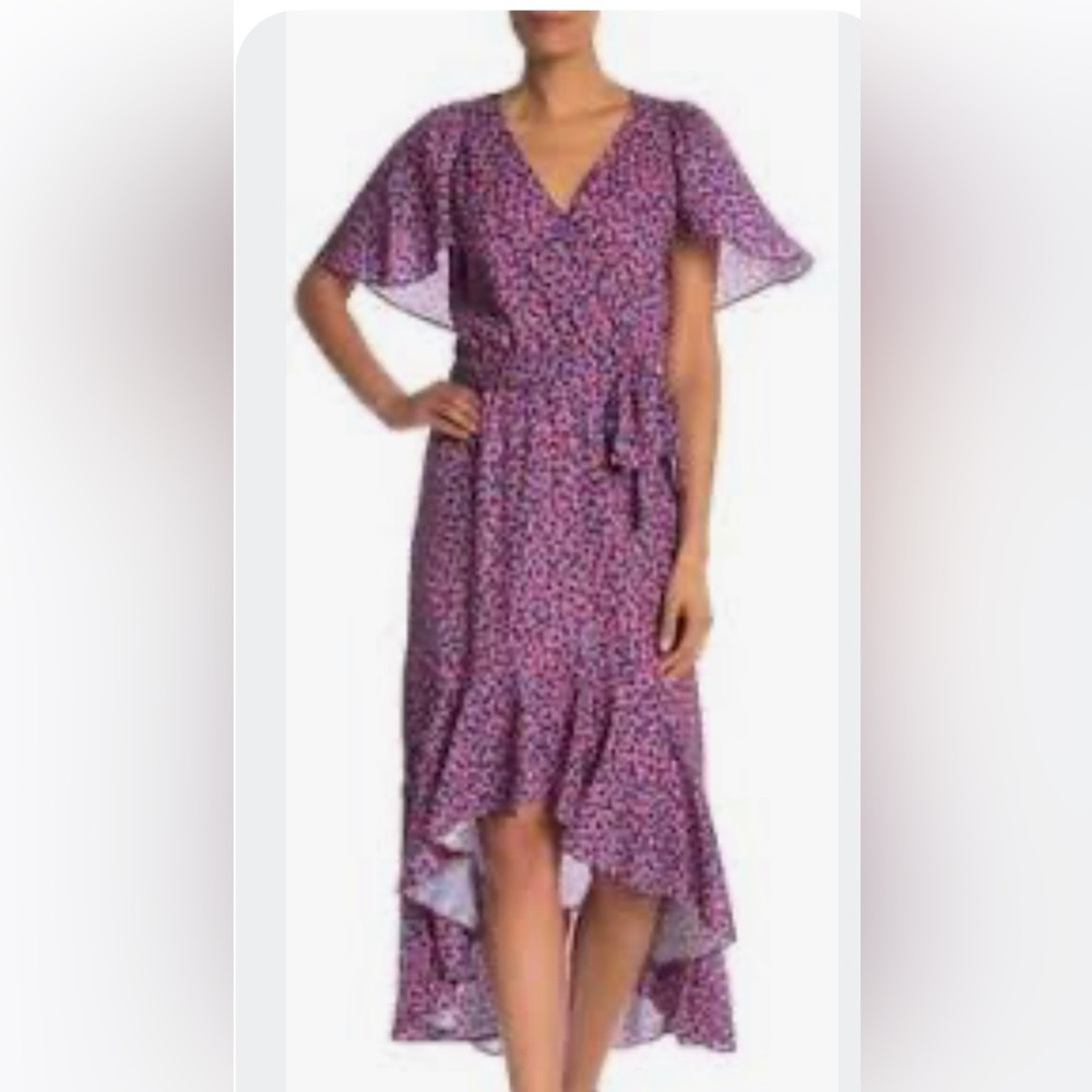 NWT Parker Women’s Floral High-Low Surplice Ruffle Hem Flutter Sleeve Dress M